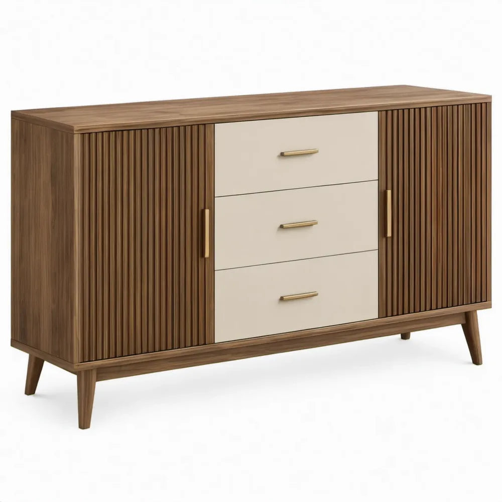 Dressoir met 2 geribbelde deuren en 3 laden, 140 x 40 x 90 cm, walnootbruin/crème/goudkleurig