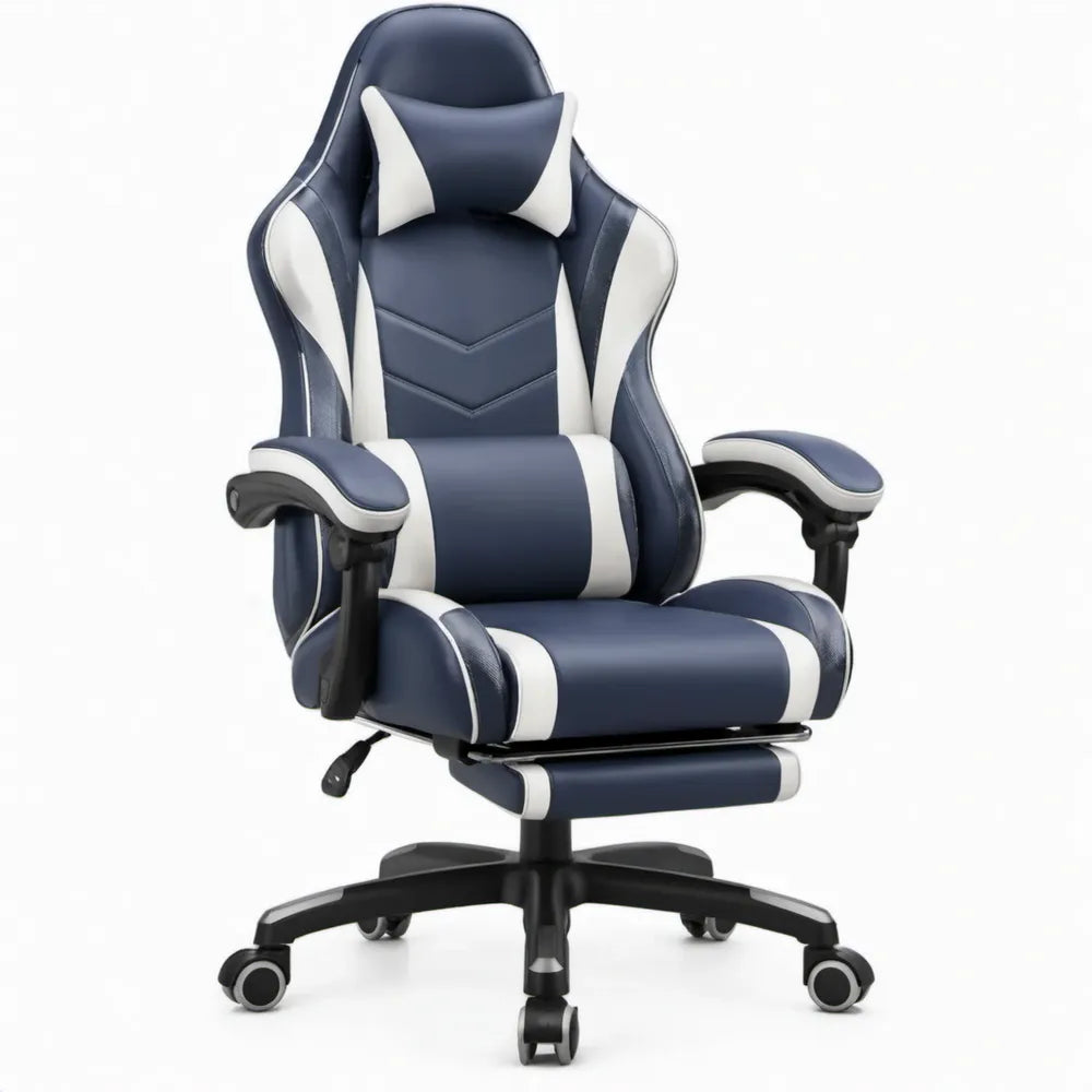 Gamingstoel met uitschuifbare voetensteun en verstelbare rugleuning, donkerblauw/wit, 68 x 68 x 118-128 cm