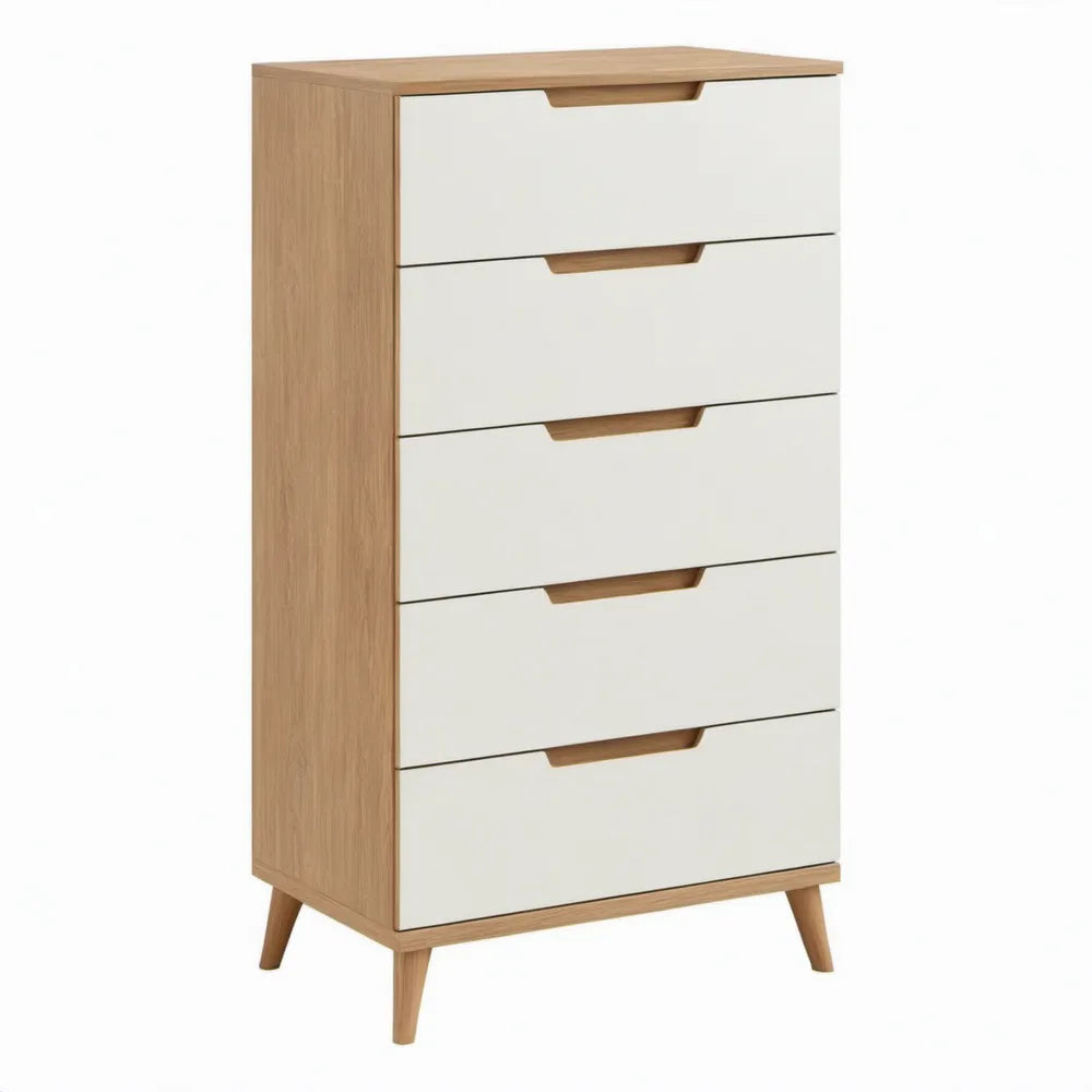 Ladekast met 5 laden, 60 x 40 x 110 cm, wit en eikenkleurig