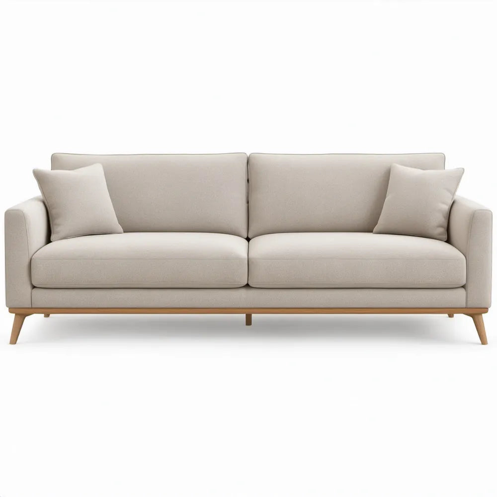 3-zitsbank 220 x 90 x 85 cm in crème polyester met poten van massief rubberhout