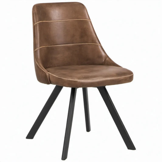 Eetkamerstoel met rugleuning, bruin PU-kunstleer en zwarte stalen poten, 49 x 61 x 86 cm
