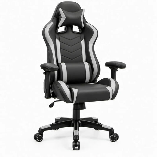 Verstelbare gamingstoel van zwart-wit PU-kunstleer, 68 x 68 x 123-133 cm