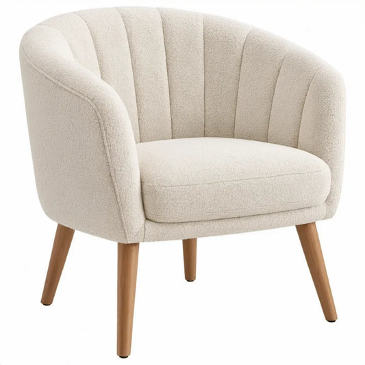 Crèmekleurige bouclé fauteuil met massief rubberhouten poten, 74 x 72 x 78 cm