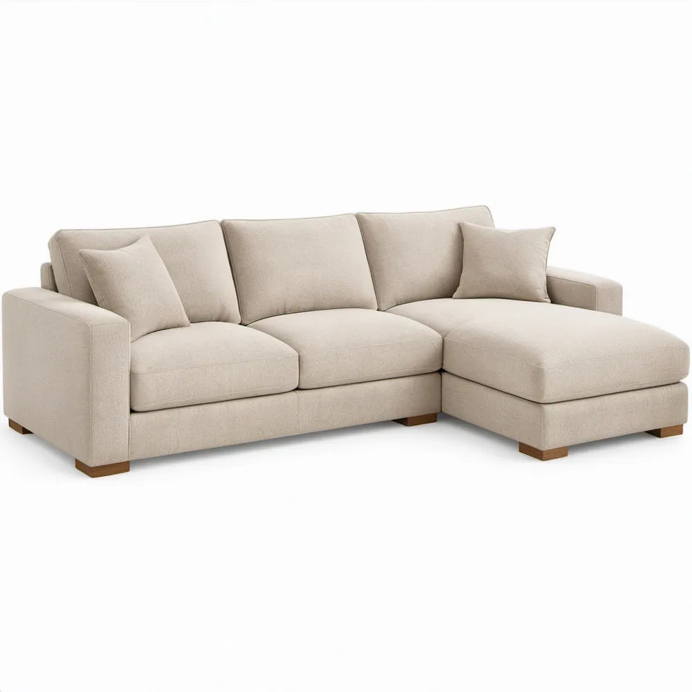 Beige L-vormige hoekbank met chaise longue rechts, 260 x 160 x 85 cm, 3 zitplaatsen