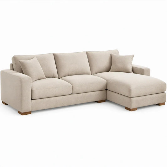 Beige L-vormige hoekbank met chaise longue rechts, 260 x 160 x 85 cm, 3 zitplaatsen