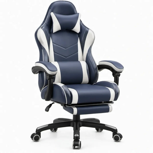 Gamingstoel met uitschuifbare voetensteun en verstelbare rugleuning, donkerblauw/wit, 68 x 68 x 118-128 cm