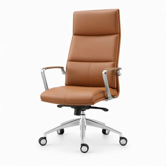 Cognacbruine directiestoel met hoge rugleuning, armleuningen en wielen, 66 x 66 x 118-126 cm