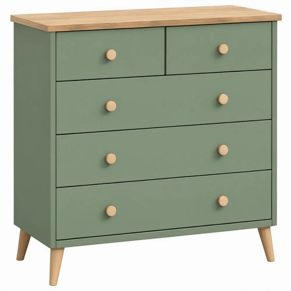 Groene ladekast met 5 laden, rubberhouten blad en poten – 80 x 40 x 100 cm