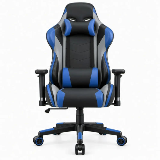 Verstelbare gamingstoel van PU-kunstleer met hoofd- en lendenkussen, zwart/blauw/grijs, 65 x 65 x 125-135 cm