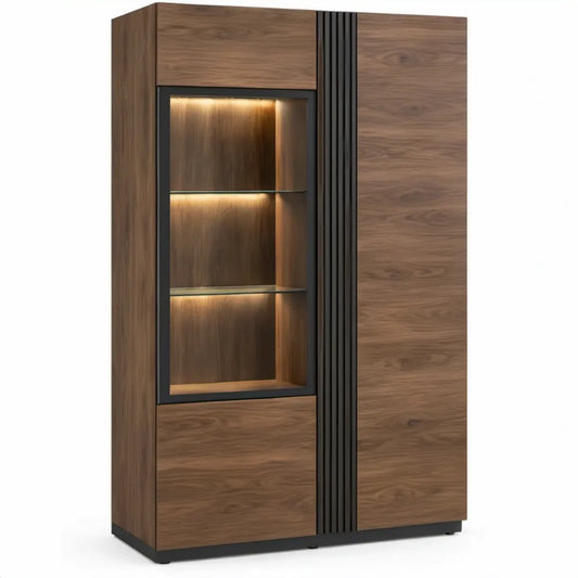Vitrinekast met LED-verlichting 100 x 40 x 190 cm in walnootbruin met zwart en gehard glas