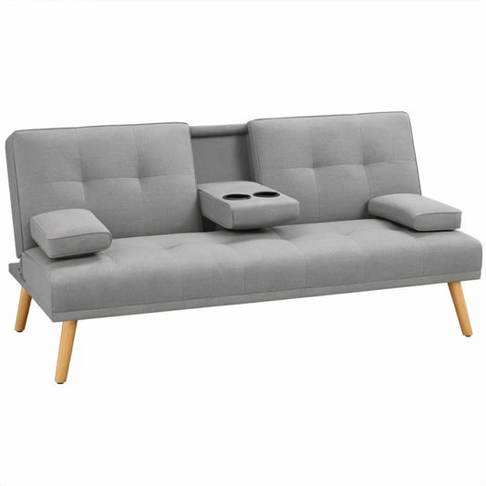 Grijze 3-zitsbank met neerklapbare middenarmleuning en bekerhouders, 180 x 81 x 83 cm
