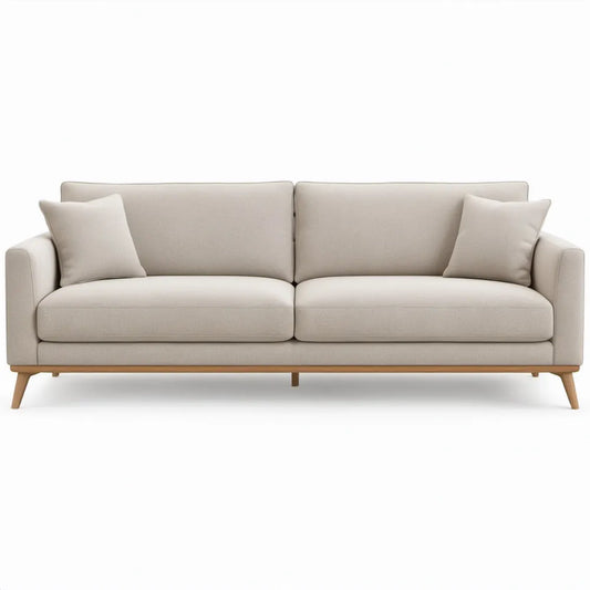 3-zitsbank 220 x 90 x 85 cm in crème polyester met poten van massief rubberhout