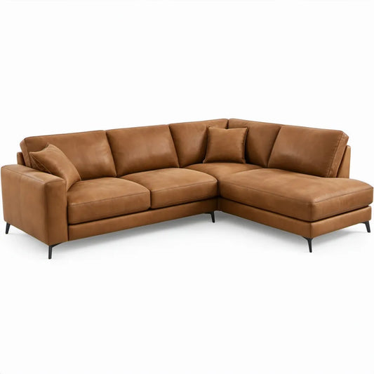 Cognacbruine hoekbank met chaise longue rechts 280 x 170 x 85 cm