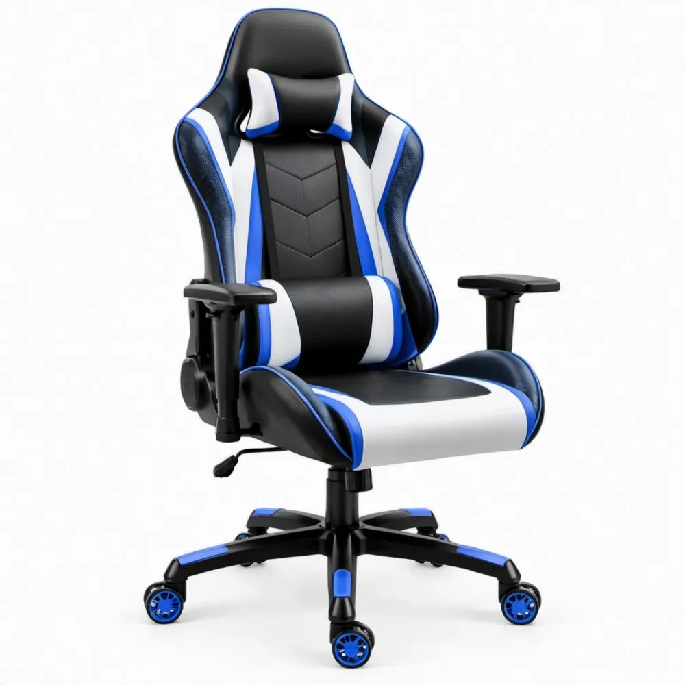 Verstelbare gamingstoel met PU-kunstleer, zwart/wit/blauw, 68 x 70 x 125-135 cm