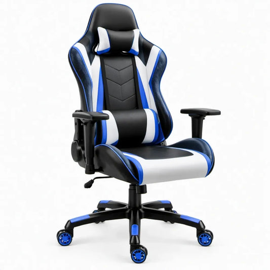 Verstelbare gamingstoel met PU-kunstleer, zwart/wit/blauw, 68 x 70 x 125-135 cm