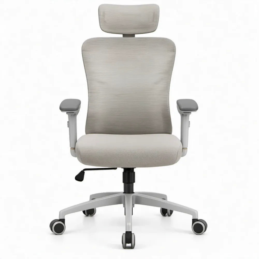 Ergonomische bureaustoel met hoofdsteun en verstelbare armleuningen, lichtgrijs/grijs, 64 x 64 x 118-128 cm