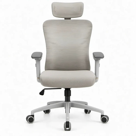 Ergonomische bureaustoel met hoofdsteun en verstelbare armleuningen, lichtgrijs/grijs, 64 x 64 x 118-128 cm
